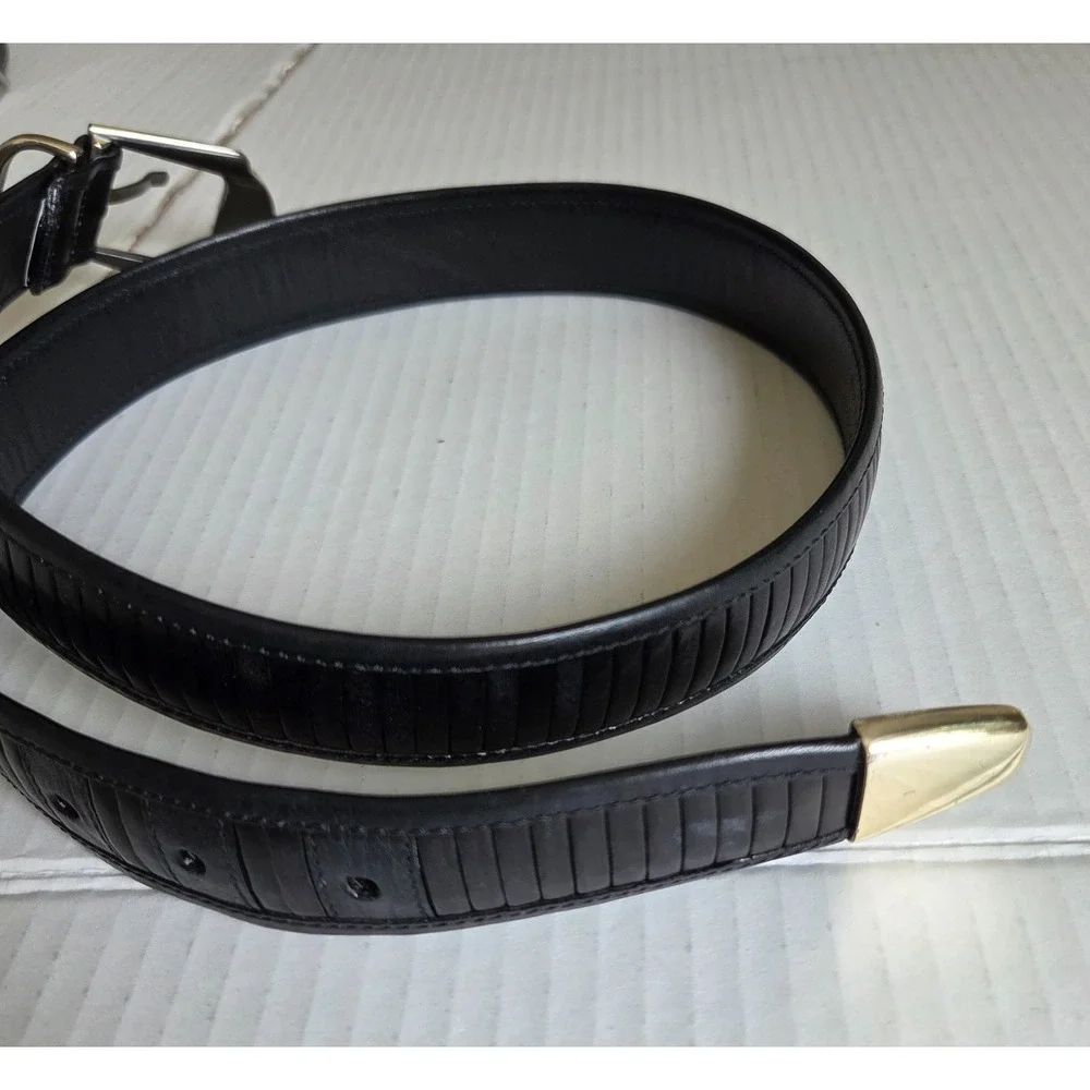 Mezlan Belt Mens 30 Black Leather Silver Tip Western Dress Ribbed Made in Spain